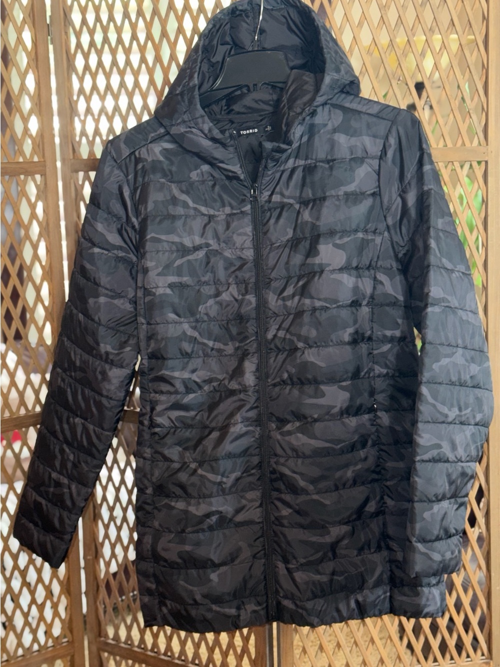 Torrid Black and Gray Camo Hooded Puffer Jacket